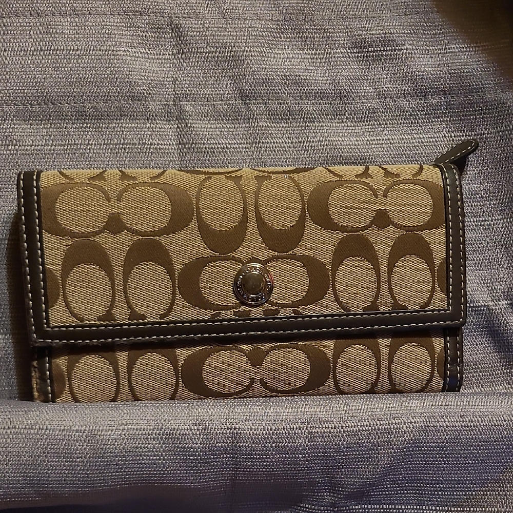 Wide Coach Beige and Brown Signature Clutch/Wallet